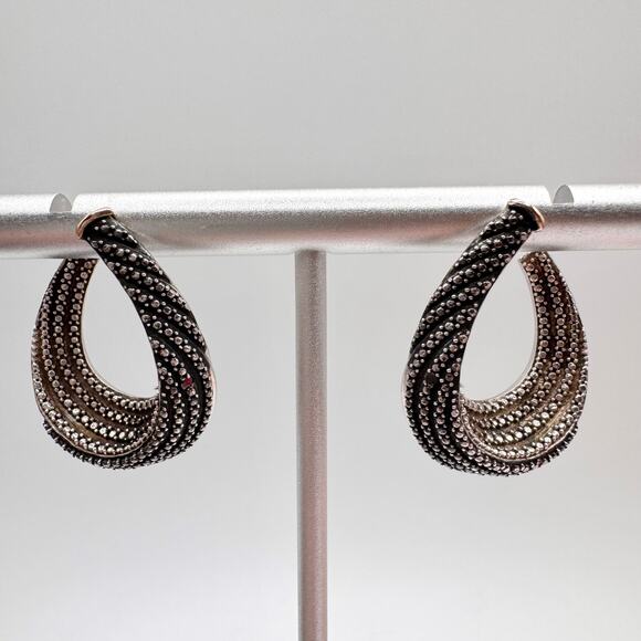Tested Silver Twisted Hoop Earrings Faux Marcasite Milgrain Cobbled 9.23 Grams - Picture 2 of 16